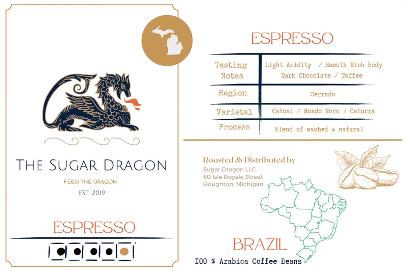 Espresso Arabica Coffee label front and back. 